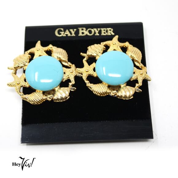 Vintage Gay Boyer Clip On Earrings Sea Shells Turquoise Enamel on Card -Hey Viv - Picture 1 of 3